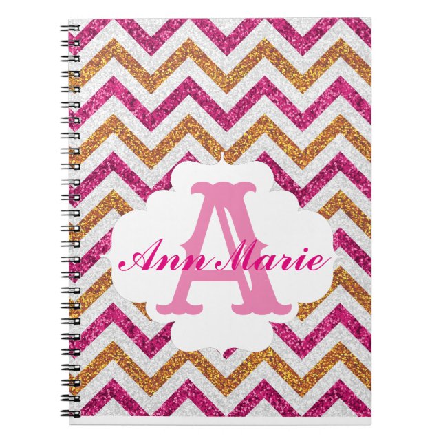 Monogram-Notebook mit rosa und goldenem Glitzer Notizblock (Vorderseite)