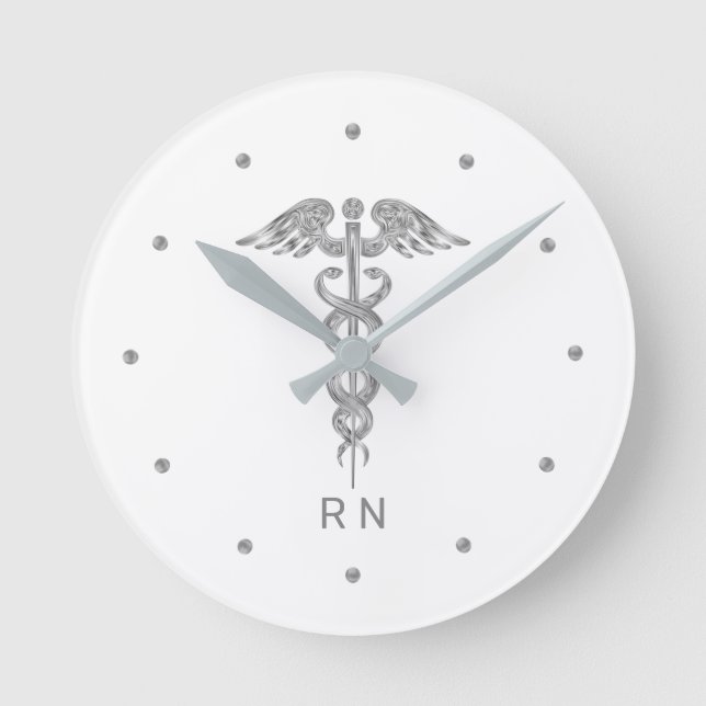 Monogram Nurse Silver Gray Caduceus on White Runde Wanduhr (Vorderseite)