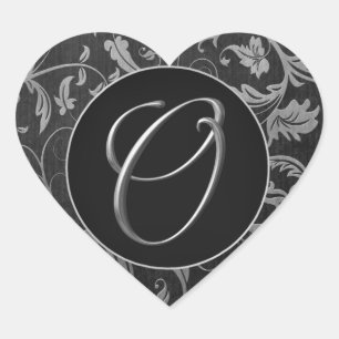 Monogram O Silver and Black Damask Wedding Siegel Herz-Aufkleber