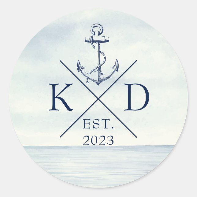 Monogram Ocean Nautical Anchor Runder Aufkleber (Vorderseite)