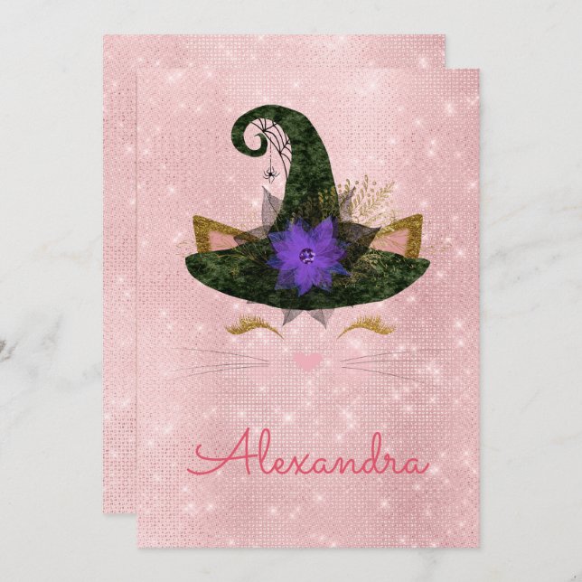 Monogram October Sparkle Kitty Birthday Einladung (Vorne/Hinten)