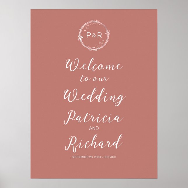 Monogram Old Rose Wedding Welcome Sign Board Poster (Vorne)