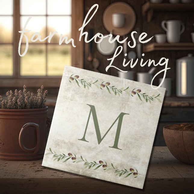Monogram Olive & Branches Rustikal Personalisiert Fliese (Von Creator hochgeladen)