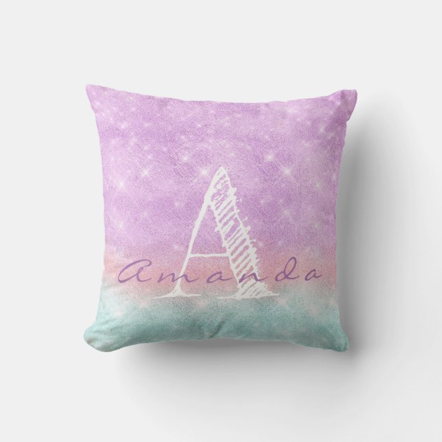 Monogram Ombre Name Lila Blue Pastell Watercolor Kissen (Vorderseite)