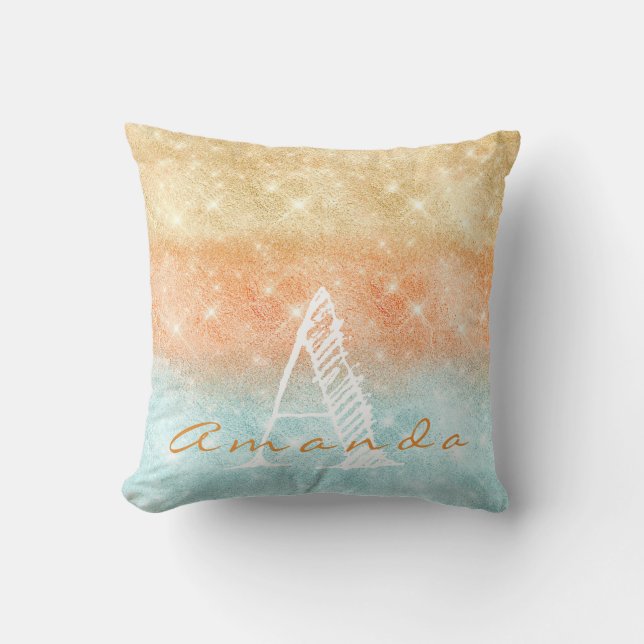 Monogram Ombre Name Tiffany Aqua Peach Gold Blue Kissen (Vorderseite)