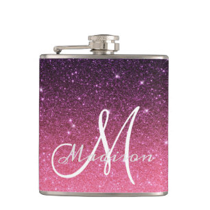 Monogram Ombre Pink Lila Glitzer Geschenk Flachmann