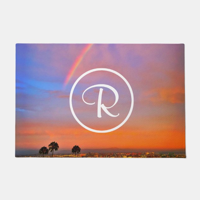 Monogram Orange Blue Sunset Rainbow Foto Modern Fußmatte (Vorderseite)