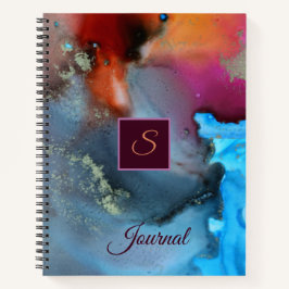 Monogram, Orange Red Abstrakt Waves Notizbuch