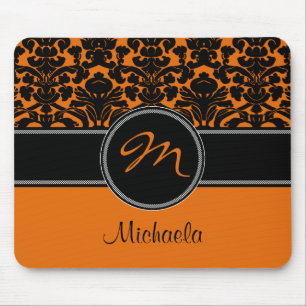 Monogram Orange Schwarz-weiß Damask Mousepad