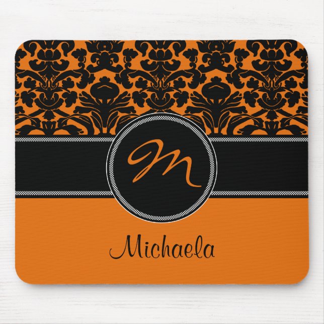 Monogram Orange Schwarz-weiß Damask Mousepad (Vorne)