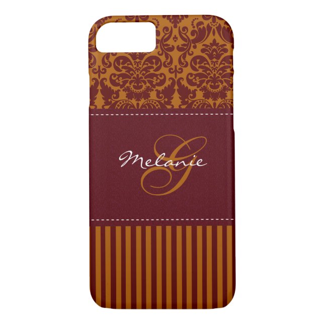 Monogram Orange, Vin Damask Stripe iPhone 7 Coque (Dos)
