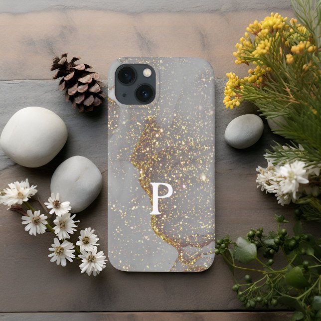 Monogram P Elegant Gray Marble Rose Gold Glitzer Case-Mate iPhone Hülle (Von Creator hochgeladen)