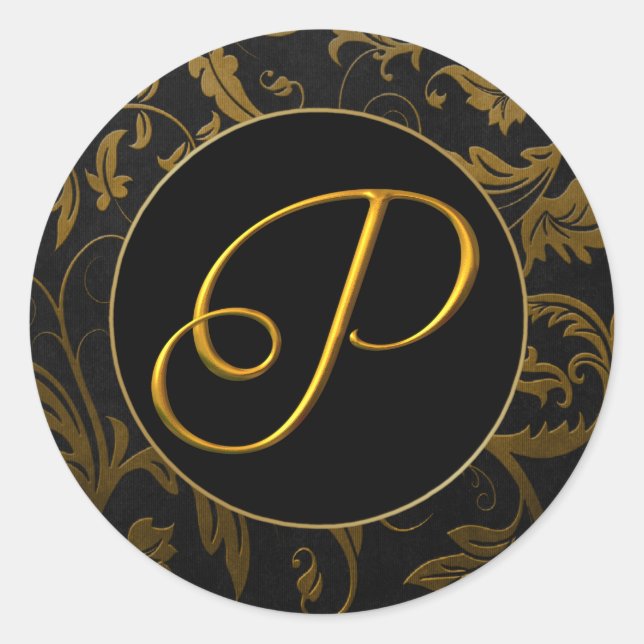 Monogram P Gold and Black Damask Wedding Siegel Runder Aufkleber (Vorderseite)