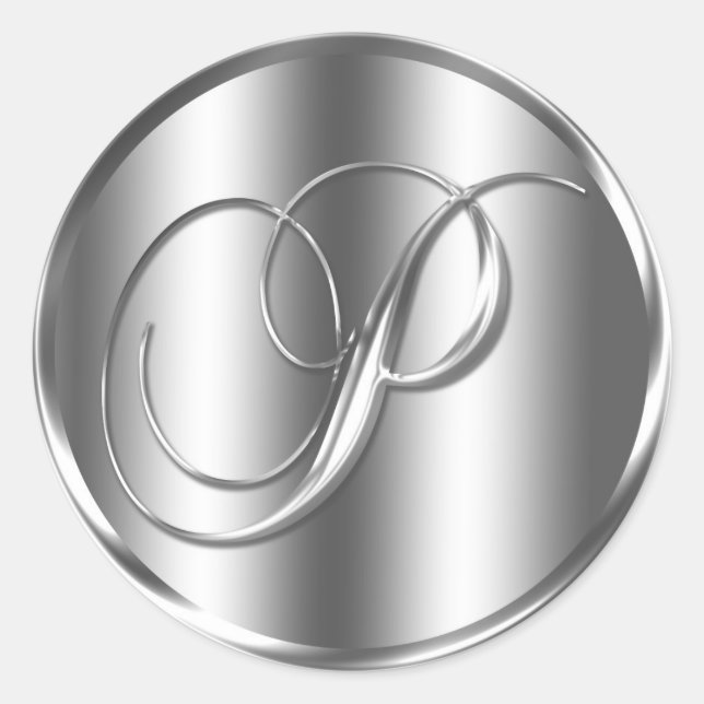 Monogram P Silver Color Wedding Invitation Holiday Runder Aufkleber (Vorderseite)