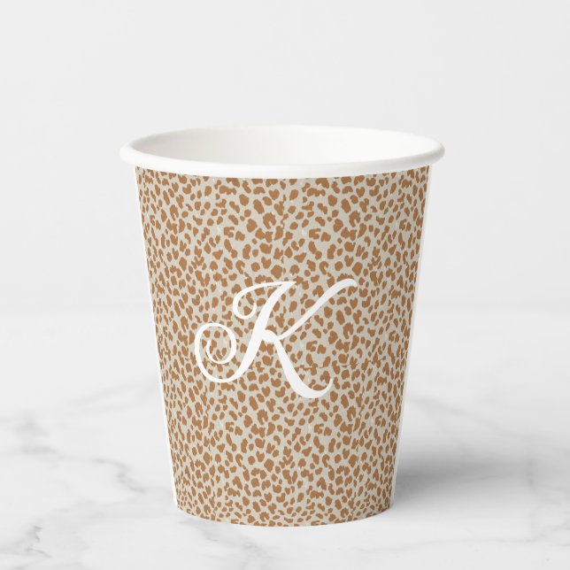 Monogram-Pantherhaut hellbraunes Muster Name Buchs Pappbecher (Vorderseite)