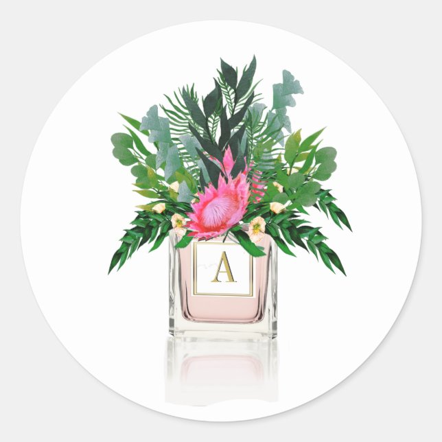 Monogram Parfüm Flasche Protea Blume Elegant Runder Aufkleber (Vorderseite)