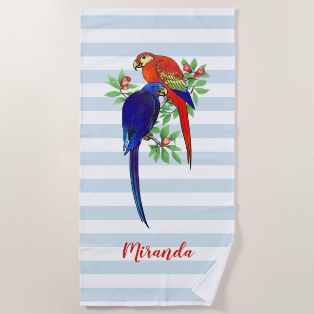 Monogram Parrots Blue Red Blume Strandtuch (Vorderseite)