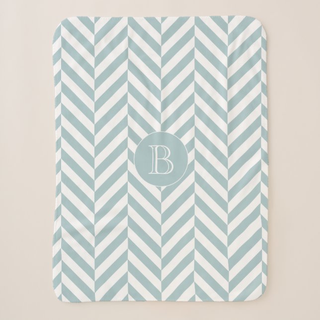 Monogram Pastel Blue Herringbone-Muster Sherpadecke (Vorderseite)