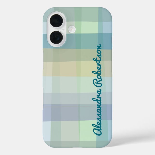 Monogram Pastel Kariert Blue Aquamarin Green Yello iPhone 16 Hülle (Rückseite)
