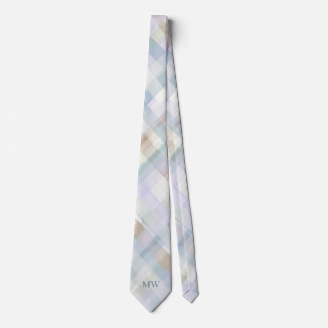 Monogram Pastel Plaid Tartan Powder Blue Cream Krawatte (Vorderseite)