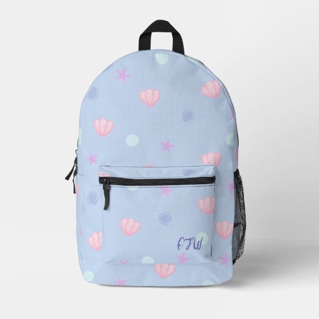Monogram Pastel Seashells and Pearls in Periwinkle Bedruckter Rucksack (Vorderseite)
