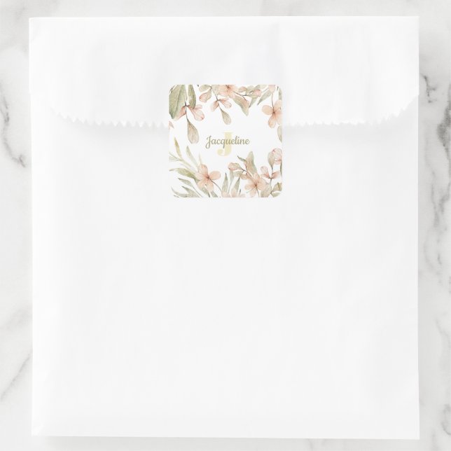 Monogram Pastellbaby Pink Sky Baby Blume Design Quadratischer Aufkleber (Tasche)