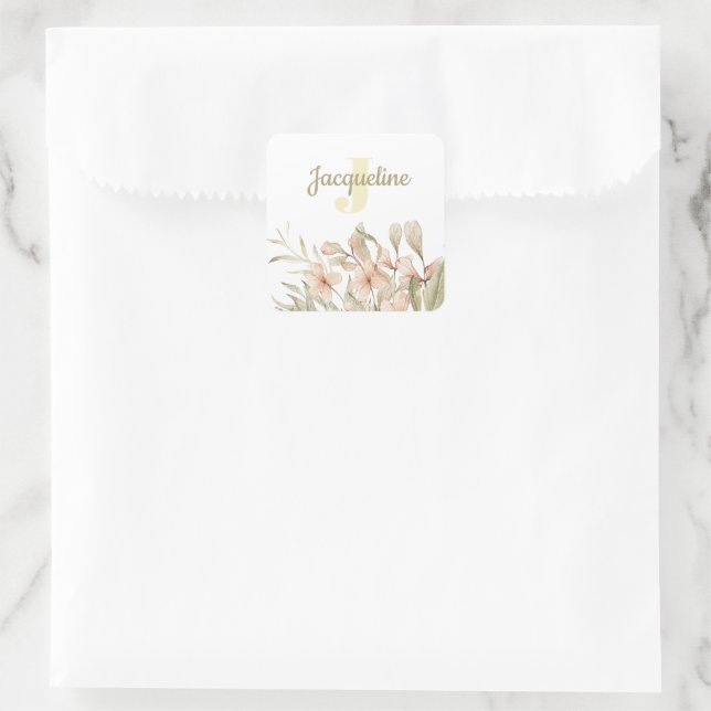 Monogram Pastellbaby Pink Sky Baby Blume Design Quadratischer Aufkleber (Tasche)