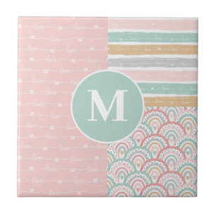 Monogram - Patchwork Hearts Rainbow Keramik Tile Fliese