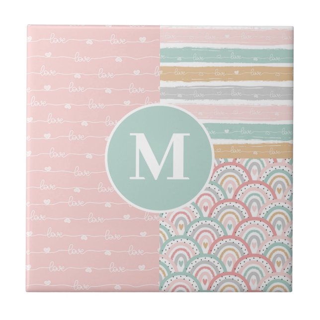 Monogram - Patchwork Hearts Rainbow Keramik Tile Fliese (Vorderseite)