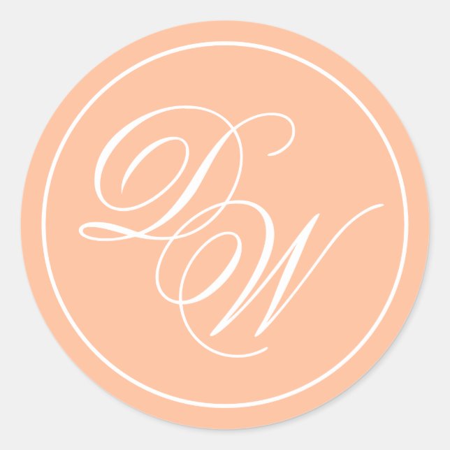 Monogram Peach 2 Initials Elegantes weißes Skript Runder Aufkleber (Vorderseite)