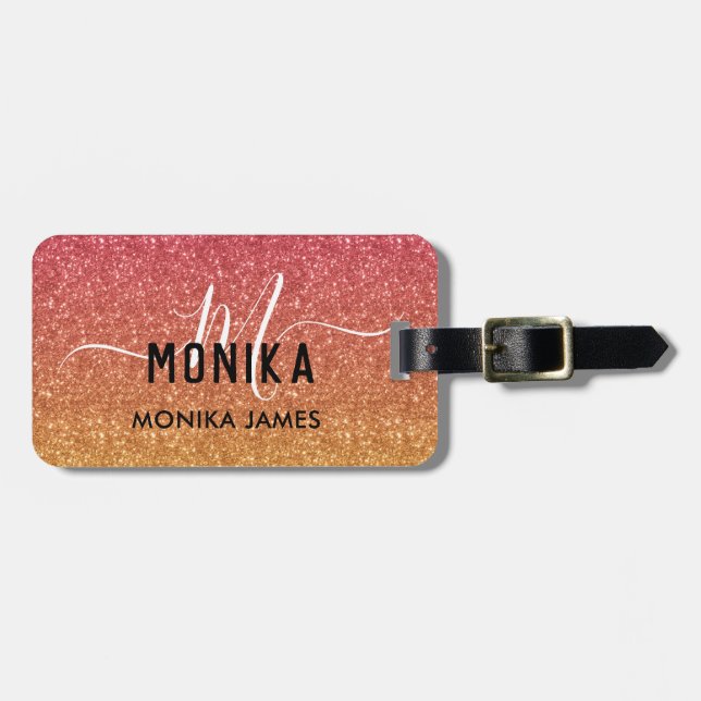 Monogram Peach und Gold Glitzer Ombre Custom Gepäckanhänger (Vorderseite horizontal)