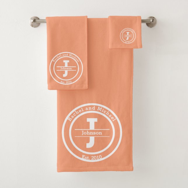 Monogram Peach Verheiratet Couple Elegant Minimali Badhandtuch Set (Insitu)