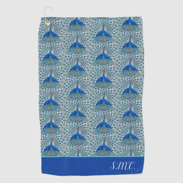 Monogram Peacock Aquamarin Blau-Weiß-Monogramm-Bec Golfhandtuch (Vorderseite)