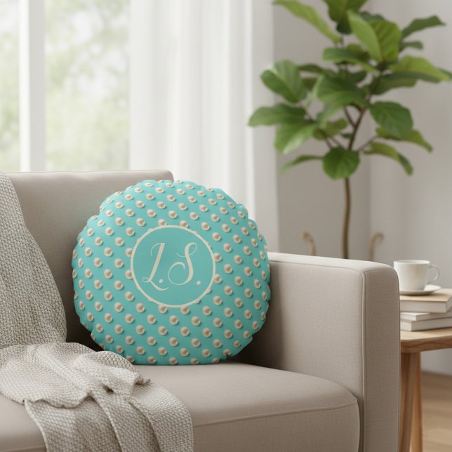 Monogram Pearl & Turquoise Round Pillow Rundes Kissen (Von Creator hochgeladen)