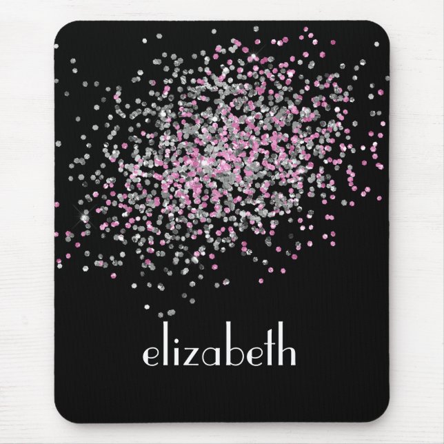 Monogram personalisieren Schwarz-Rosa-Silver-Glitz Mousepad (Vorne)