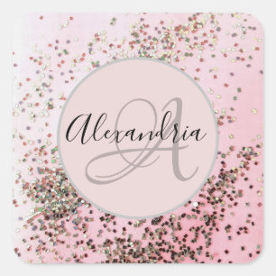 Monogram Personalisiert Champagne Pink Confetti Quadratischer Aufkleber