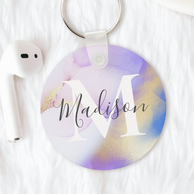 Monogram, personalisiert Name Lila Watercolor Glam Schlüsselanhänger (Von Creator hochgeladen)