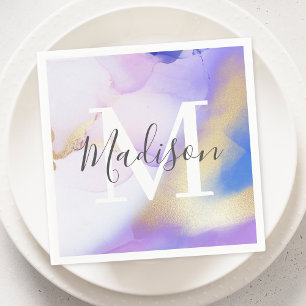 Monogram, personalisiert Name Lila Watercolor Glam Serviette