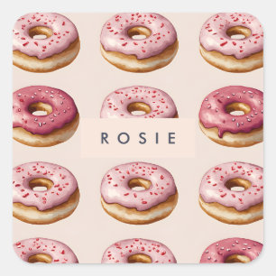 Monogram Personalisiert Pink Donut Pattern Quadratischer Aufkleber