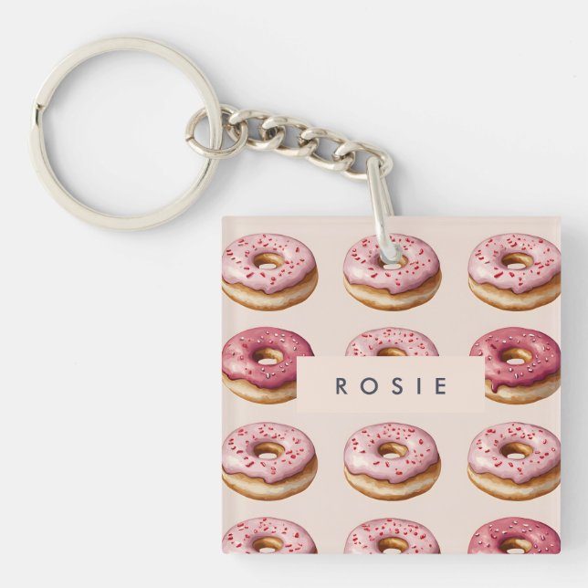 Monogram Personalisiert Pink Donut Pattern Schlüsselanhänger (Vorderseite)