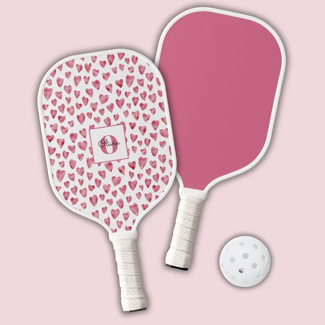 Monogram Personalisiert Pink Heart Pickleball Padd Schläger (Pink watercolor love heart personalized pickleball paddle)