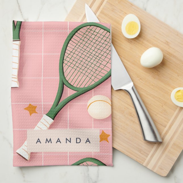 Monogram Personalisiert Retro Tennis Racket Muster Geschirrtuch (Viertel Falte)