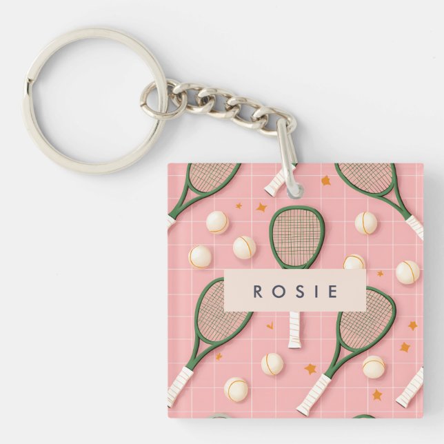 Monogram Personalisiert Retro Tennis Racket Muster Schlüsselanhänger (Vorderseite)