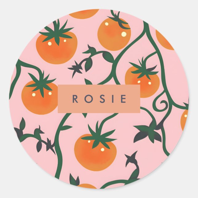 Monogram Personalisiert Retro Tomato Vine Muster Runder Aufkleber (Vorderseite)