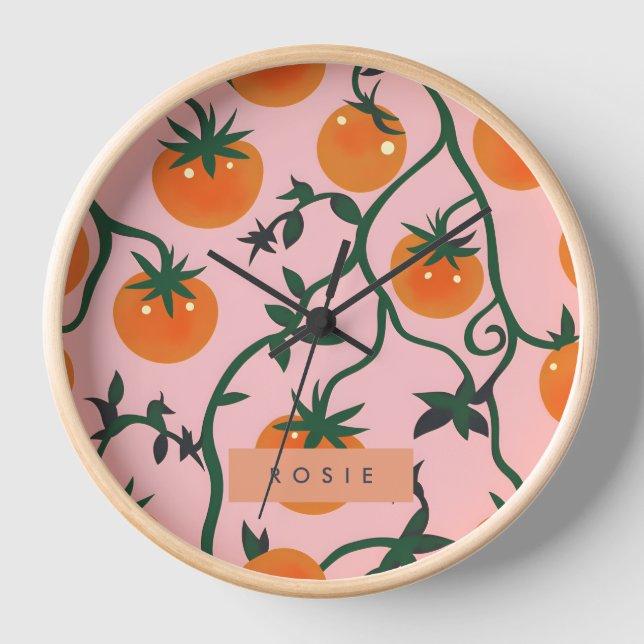 Monogram Personalisiert Retro Tomato Vine Muster Uhr (Vorderseite)