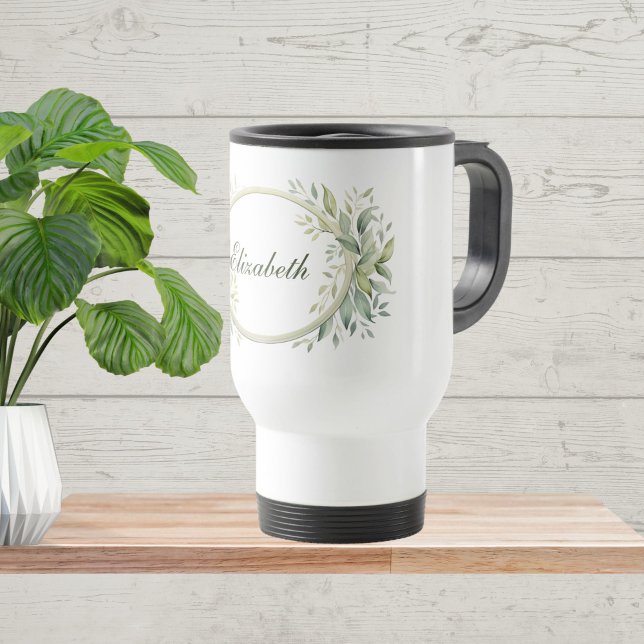 Monogram Personalisiert Sage Green Botanic Reisebecher (Monogram Personalized Sage Green Botanical Greenery Travel Mug. Gift for her, Bridesmaid)
