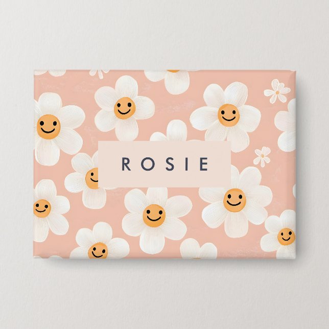 Monogram Personalisiert Smile Daisy Floral Muster Button (Vorderseite)