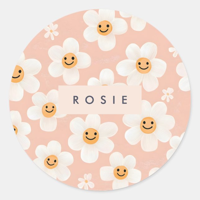 Monogram Personalisiert Smile Daisy Floral Muster Runder Aufkleber (Vorderseite)