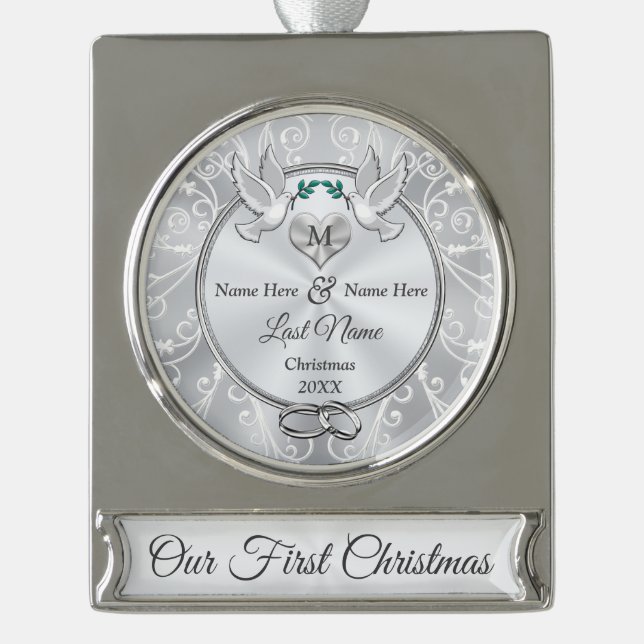 Monogram Personalisiert Unser 1. Weihnachten zusam Banner-Ornament Silber (Vorderseite)