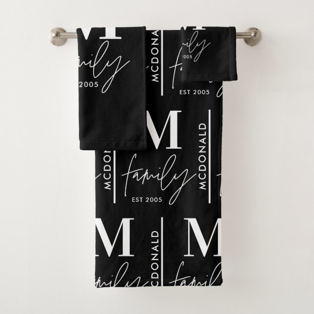Monogram, personalisierte Schwarzweißfamilie Badhandtuch Set (Insitu)
